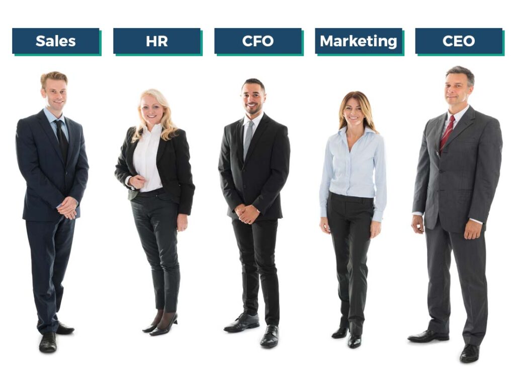 business concept of CEO, Sales Manager, Marketing Manager, HR Manager and CFO for senior management team