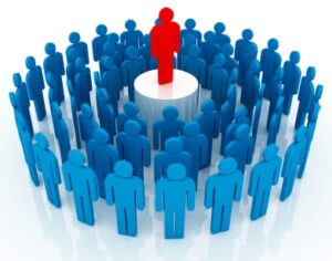 group of blue people icons around a red one standing up high showing customer centric team